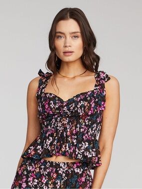 Saltwater Luxe Floral Smocked Ruffle Crop Top Black/Pink Womens Size L Babydoll